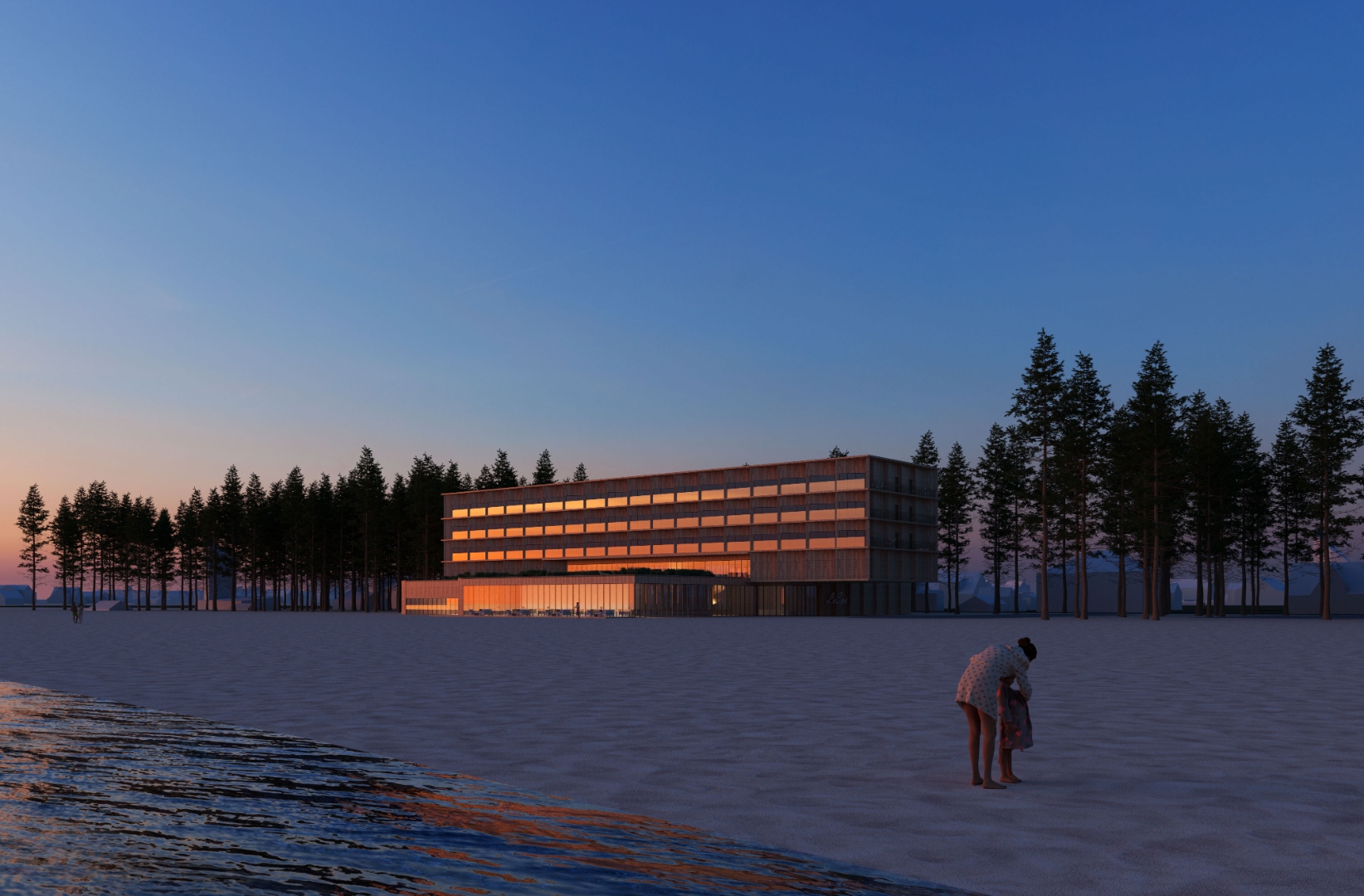 LoSpa sunset beach render — hotel glowing at dusk seen from the sandy beach